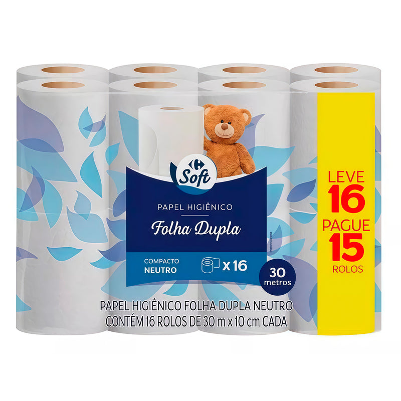 Papel Higiênico Folha Dupla 16 Rolos de 30m Cada