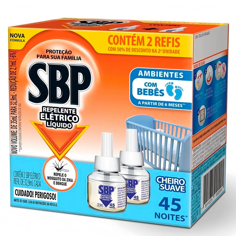 Kit 2 Refís Repelente Elétrico Líquido SBP Cheiro Suave com 32,9mL Cada Refil