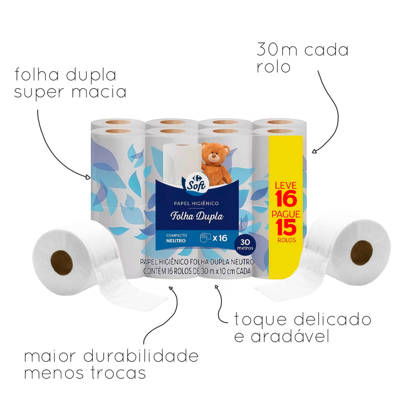 Papel Higiênico Folha Dupla 16 Rolos de 30m Cada