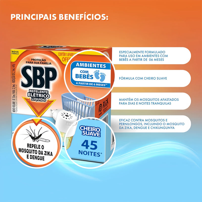 Repelente Elétrico Líquido Cheiro Suave SBP 45 Noites 1 Aparelho + 1 Refil de 32,9 ml