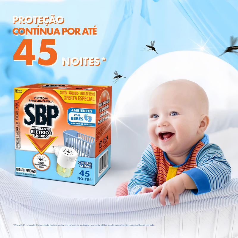 Repelente Elétrico Líquido Cheiro Suave SBP 45 Noites 1 Aparelho + 1 Refil de 32,9 ml