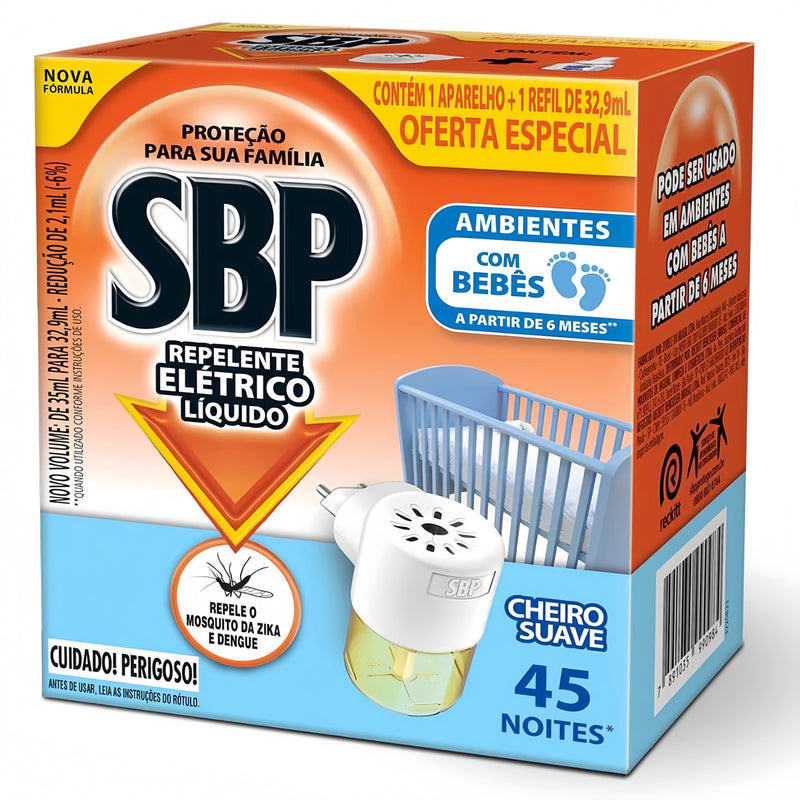 Repelente Elétrico Líquido Cheiro Suave SBP 45 Noites 1 Aparelho + 1 Refil de 32,9 ml